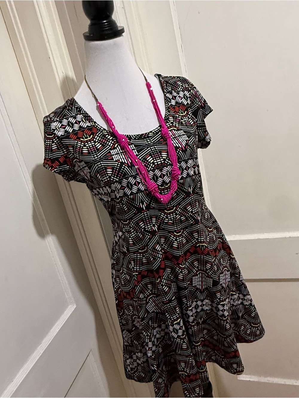 Bobbie Brooks Black Dress with Pink, Green and Yellow Motif